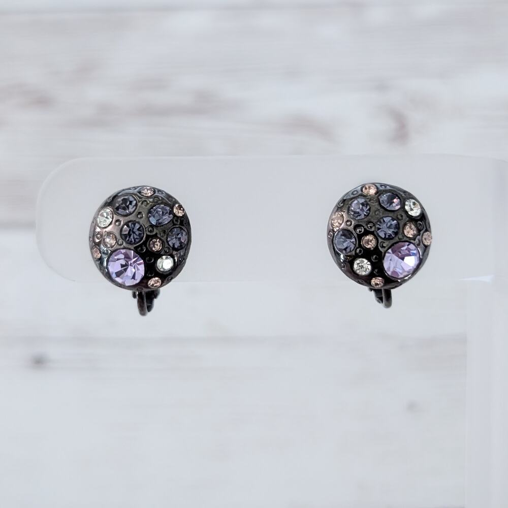 Vintage Clip On Earrings - Pretty Dark Tones with Gems - 0.5" - Picture 2 of 5
